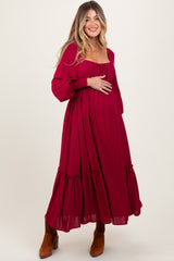 Burgundy Square Neckline Bubble Sleeve Maternity Maxi Dress