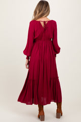 Burgundy Square Neckline Bubble Sleeve Maternity Maxi Dress