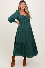 Forest Green Square Neckline Bubble Sleeve Maternity Maxi Dress