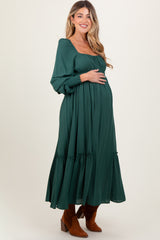 Forest Green Square Neckline Bubble Sleeve Maternity Maxi Dress