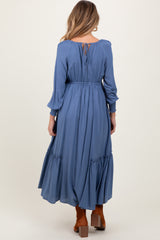 Blue Square Neckline Bubble Sleeve Maternity Maxi Dress