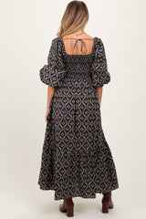 Black Damask Print Smocked Maternity Maxi Dress