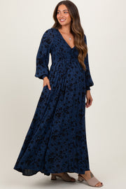 Navy Floral Smocked Button Detail Maternity Maxi Dress