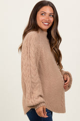 Beige Mixed Chunky Cable Knit Mock Neck Maternity Sweater