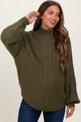 Olive Mixed Chunky Cable Knit Mock Neck Maternity Sweater