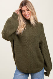 Olive Mixed Chunky Cable Knit Mock Neck Sweater