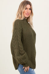 Olive Mixed Chunky Cable Knit Mock Neck Sweater