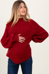 Burgundy Mixed Chunky Cable Knit Mock Neck Maternity Sweater