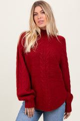 Burgundy Mixed Chunky Cable Knit Mock Neck Sweater