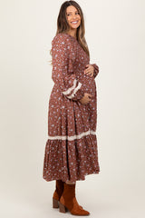 Mocha Smocked Floral Crochet Lace Trim Maternity Maxi Dress