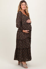 Black Floral Button Accent Bodice Tiered Maternity Maxi Dress