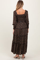 Black Floral Button Accent Bodice Tiered Maternity Maxi Dress