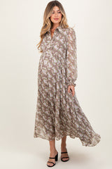 Taupe Floral Chiffon Ruffle Accent Button Down Maternity Maxi Dress