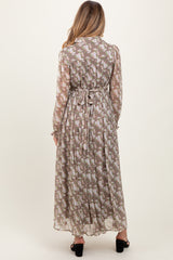 Taupe Floral Chiffon Ruffle Accent Button Down Maternity Maxi Dress