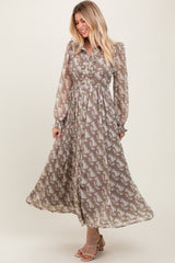 Taupe Floral Chiffon Ruffle Accent Button Down Maxi Dress