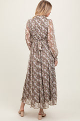 Taupe Floral Chiffon Ruffle Accent Button Down Maxi Dress