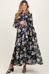 Black Floral Chiffon Ruffle Accent Button Down Maternity Maxi Dress