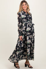 Black Floral Chiffon Ruffle Accent Button Down Maternity Maxi Dress