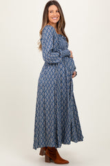 Blue Damask Print Smocked Ruffle Accent Maternity Maxi Dress