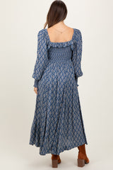 Blue Damask Print Smocked Ruffle Accent Maternity Maxi Dress