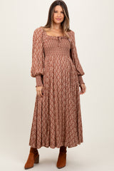 Mocha Damask Print Smocked Ruffle Accent Maternity Maxi Dress