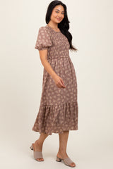 Mocha Floral Puff Sleeve Smocked Midi Dress