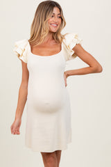 Cream Ruffle Short Sleeve Knit Maternity Mini Dress