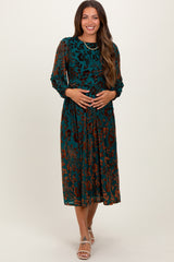 Teal Velvet Floral Overlay Maternity Midi Dress