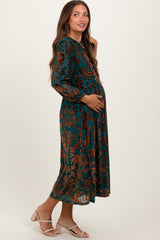 Teal Velvet Floral Overlay Maternity Midi Dress