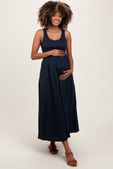 Navy Scoop Neck Contrast Skirt Maternity Maxi Dress