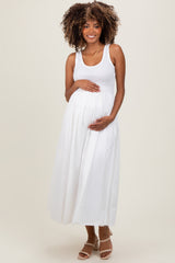 White Scoop Neck Contrast Skirt Maternity Maxi Dress