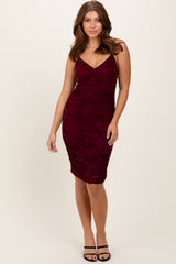 Burgundy Floral Velvet Overlay Ruched Maternity Midi Dress