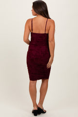 Burgundy Floral Velvet Overlay Ruched Maternity Midi Dress