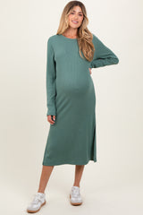 Olive Ribbed Knit Long Sleeve Side Slit Maternity Midi Dress