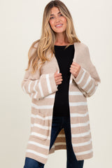 Beige Ivory Knit Striped Long Maternity Cardigan