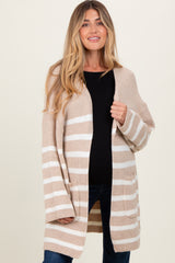 Beige Ivory Knit Striped Long Maternity Cardigan