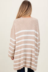 Beige Ivory Knit Striped Long Maternity Cardigan