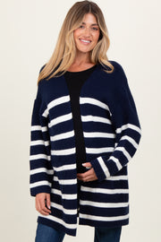 Navy Knit Striped Long Maternity Cardigan