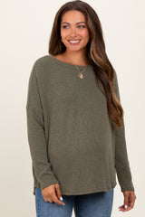 Olive Ribbed Knit Relaxed Fit Round Hem Maternity Top