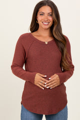 Brown Waffle Knit Raglan Long Sleeve Maternity Top