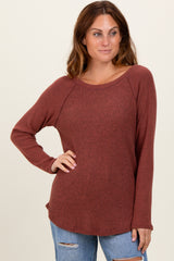 Brown Waffle Knit Raglan Long Sleeve Maternity Top