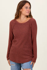 Brown Waffle Knit Raglan Long Sleeve Top