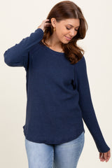 Navy Waffle Knit Raglan Long Sleeve Maternity Top