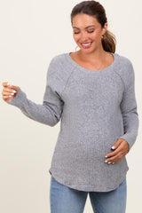 Heather Grey Waffle Knit Raglan Long Sleeve Maternity Top