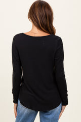 Black Brushed Knit Relaxed V-Neck Long Sleeve Top