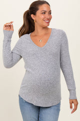 Heather Grey Brushed Knit Relaxed V-Neck Long Sleeve Maternity Top