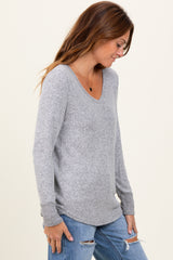 Heather Grey Brushed Knit Relaxed V-Neck Long Sleeve Top