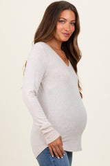 Beige Brushed Knit Relaxed V-Neck Long Sleeve Maternity Top