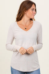 Beige Brushed Knit Relaxed V-Neck Long Sleeve Top