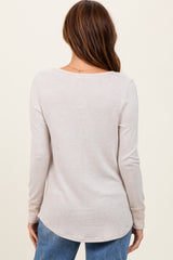 Beige Brushed Knit Relaxed V-Neck Long Sleeve Top